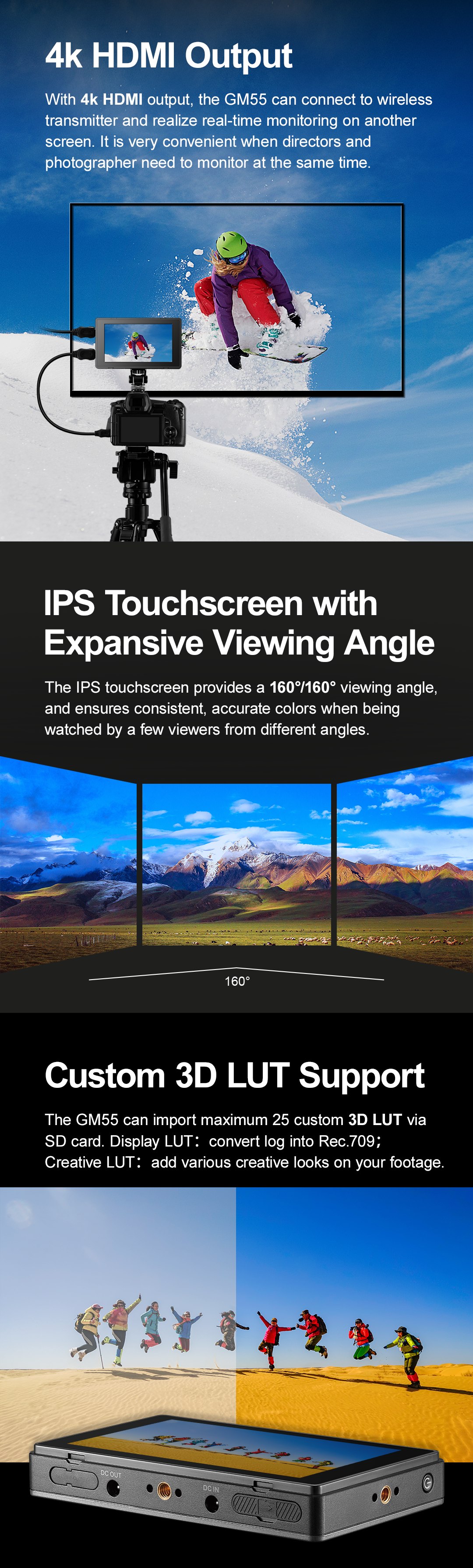 4K HDMI Output IPS Touchscreen with Expansive Viewing Angle Custom 3D LUT support