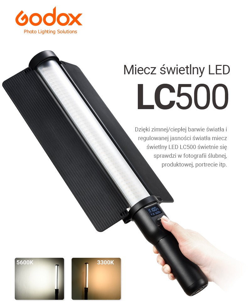 Godox Miecz Świetlny LED LC500. Zmienna temperatura barwowa światła. Do fotografii ślubnej, produktowej, portretu. 