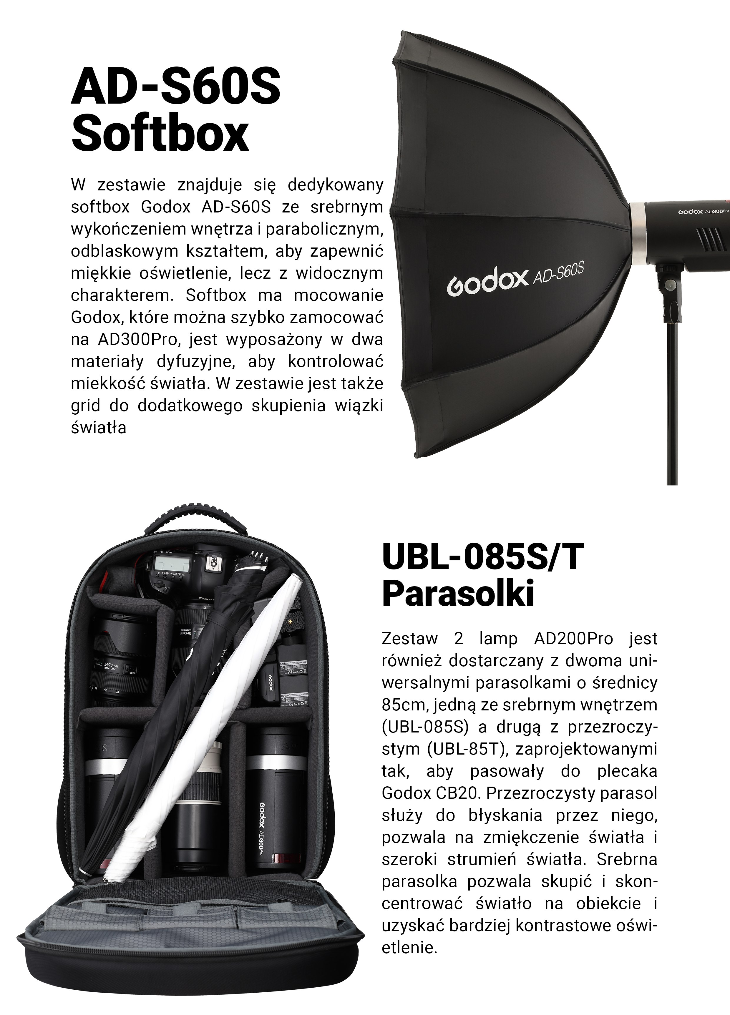 Godox AD-S60S Softbox, UBL-085S/T Parasolki