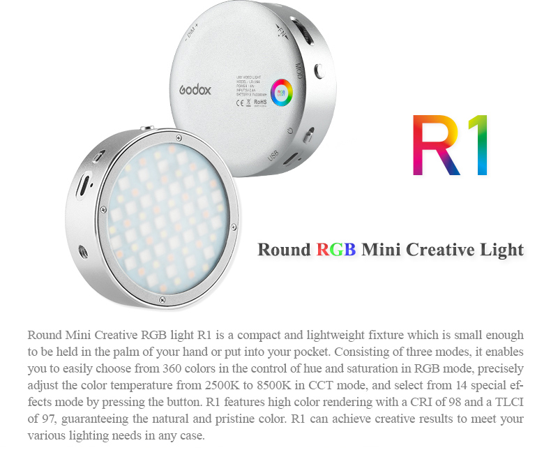 Godox R1 RGB LED Luz de vídeo Redondo RGB mini creativo luz 2500K a 8500K Adju 