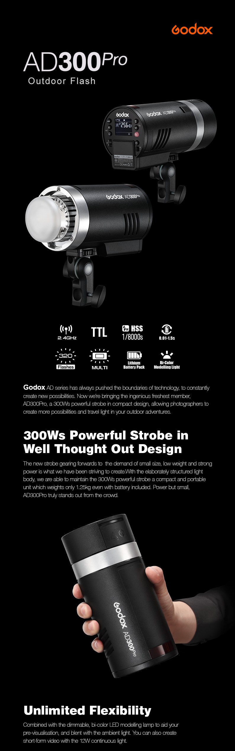 Godox AD300Pro Outdoor Flash. 300Ws Powerful Strobe in Well Thought Out Design. Unlimited Flexibility. 
