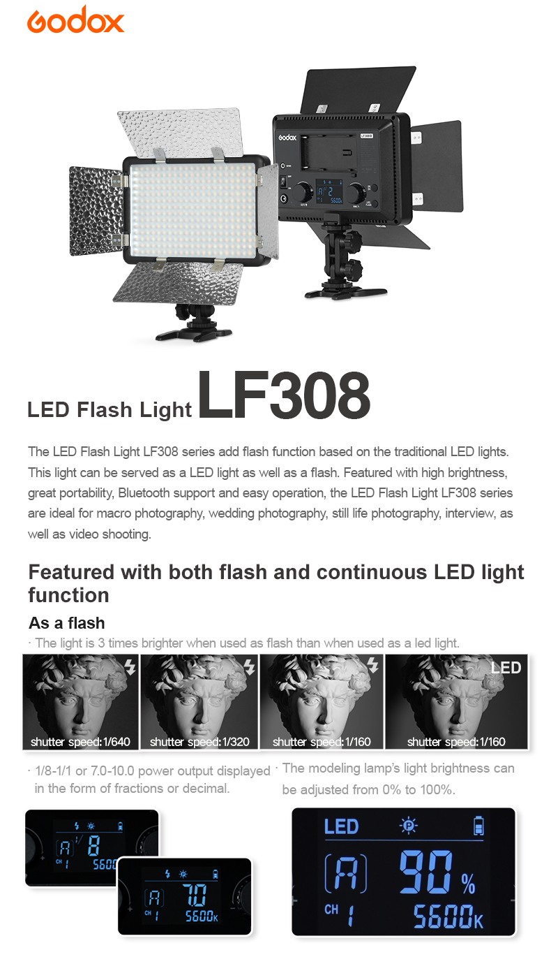Godox LED Flash Light LF308 Featured both flash and continous LED light function