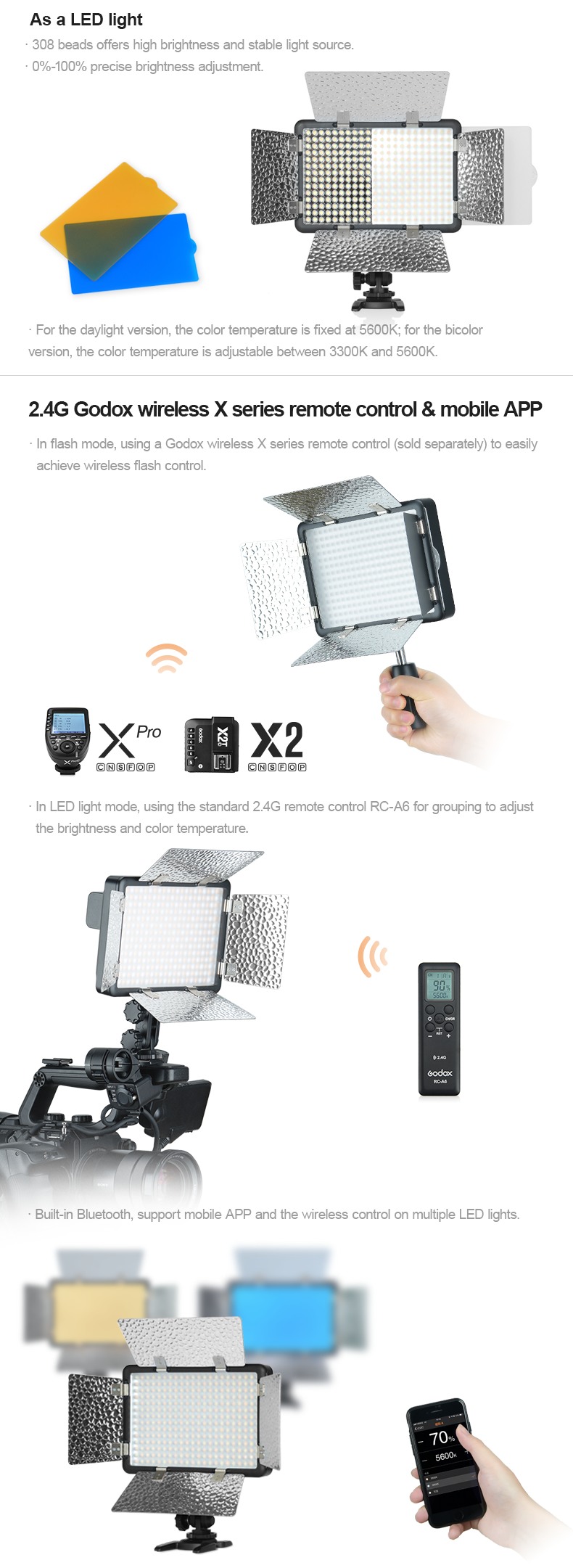 LF308 LED flash light. Featured with both flash and continous light LED. As a LED light. 2.4 Godox X wireless system remote control and mobile app