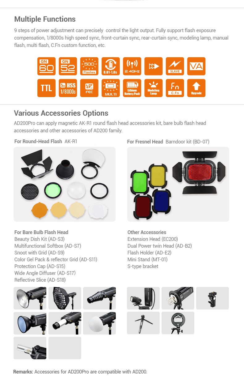 Godox AD200Pro Multiple Functions. Various Accessories Options. Bare Bulb, other accesories.
