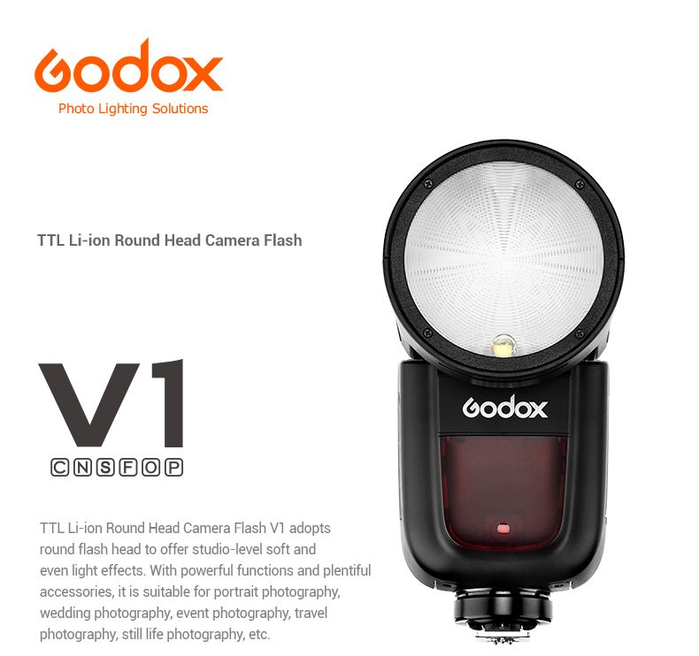Godox V1 TTL Li-ion Round Head Camera Flash. For Canon, Nikon, Sony, Fujifilm, Olympus, Pentax.