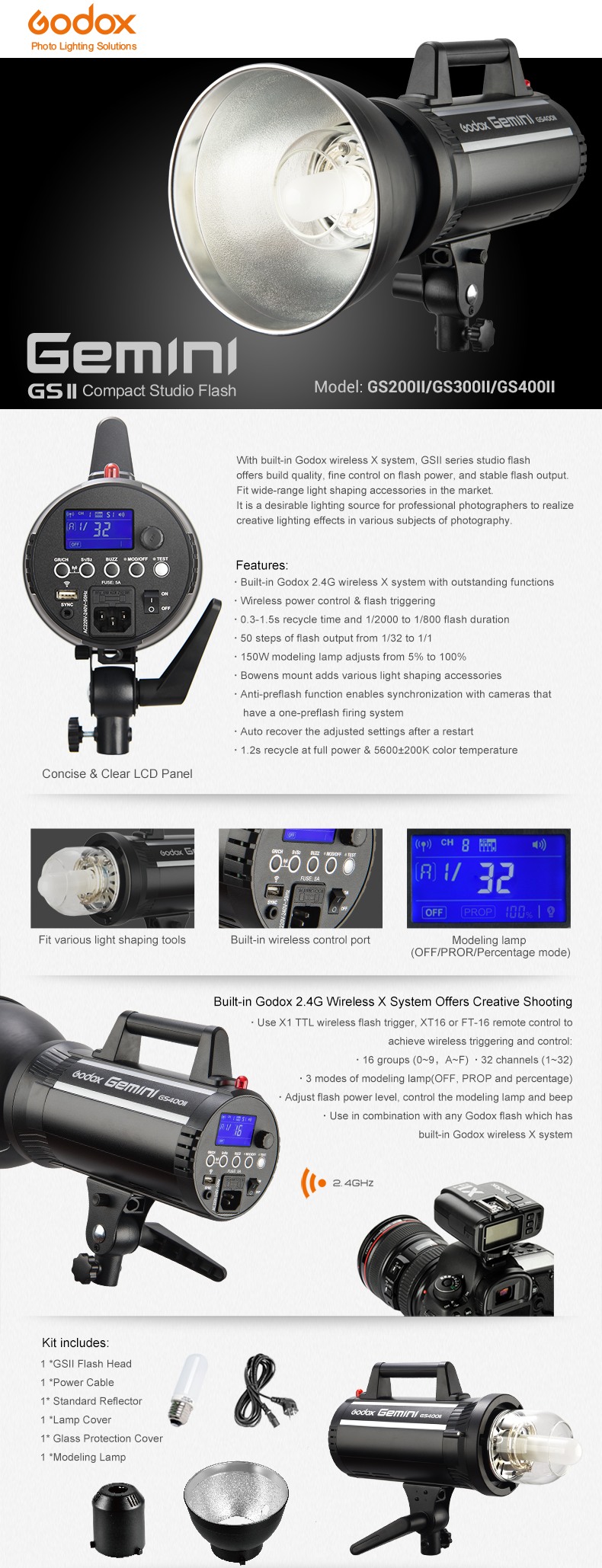 Godox Studio Light Gemini GSII Compact Studio Flash Kit Technical data and features. Built-in Godox 2.4G wireless X system. Clear LCD panel.