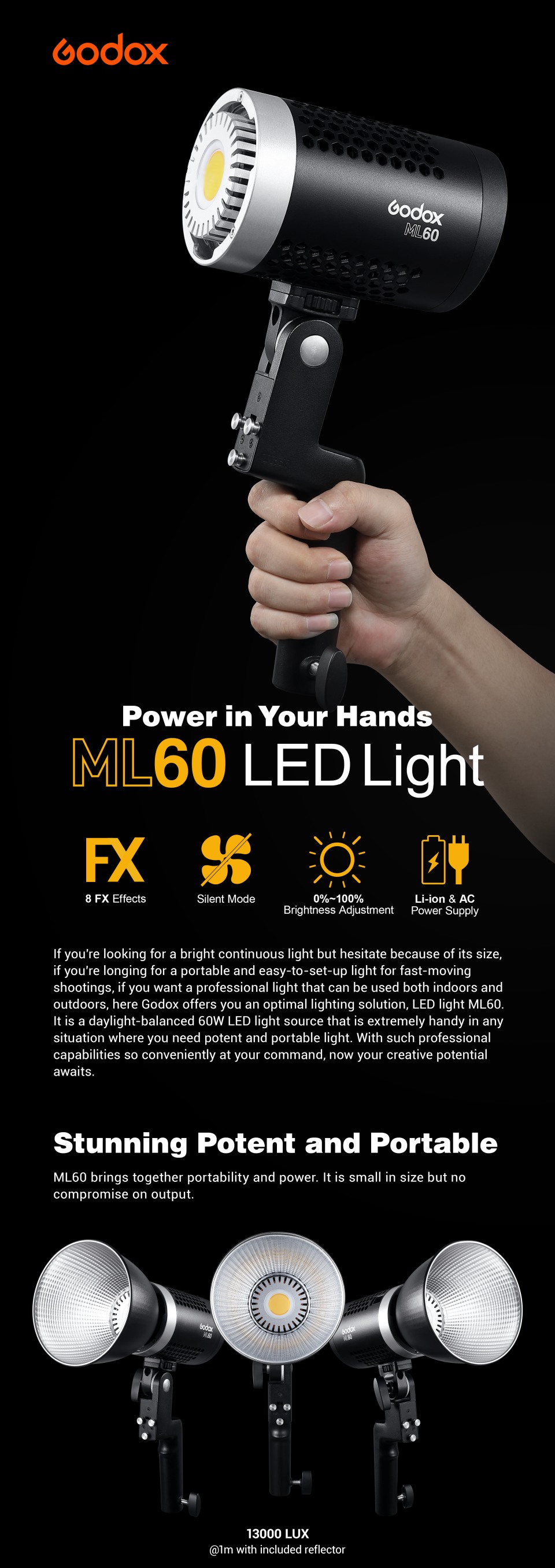 Lamp in a hand, title Godox ML60 LED Light. Power in your Hands. Stunning Potent and Portable.