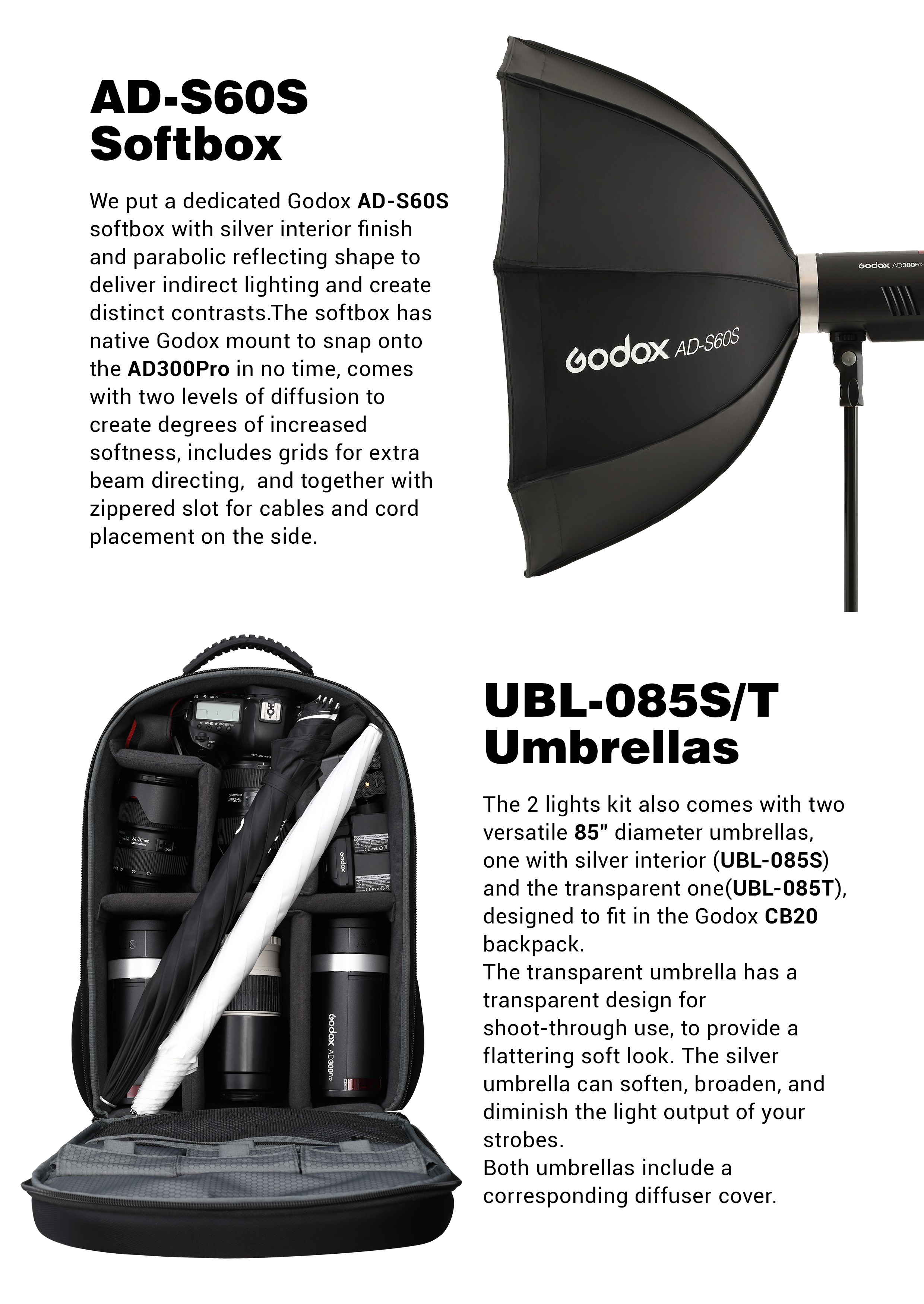 Godox AD-S60S Softbox and UBL-085S/T Umbrellas. 2x AD300Pro pack kit