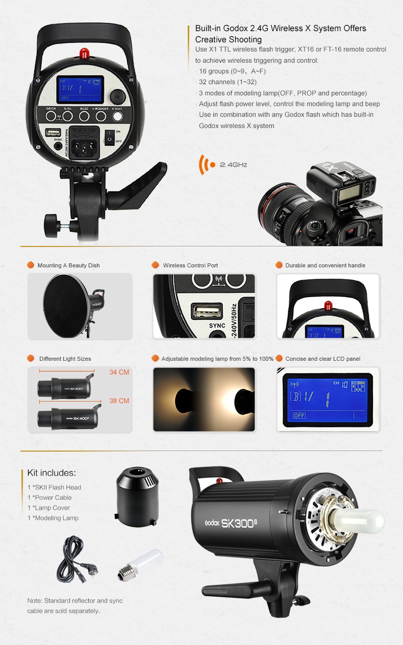 Godox SKII Studio Flashes Built-in Godox 2.4G Wireless X system Offers Creative Shooting, Accesories, Features, Kit includes