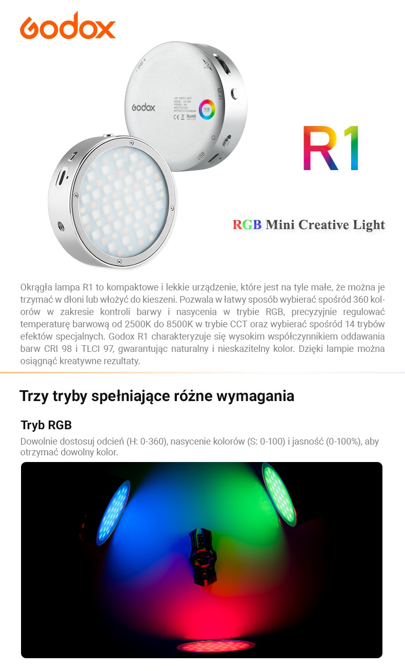 Godox R1 RGB Mini Creative Light. Okrągła lampa R1 - kompaktowe i lekkie urządzenie. Tryb RGB, tryb CCT, 14 trybów efektów specjalnych. Trzy tryby spełniające rożne wymagania.