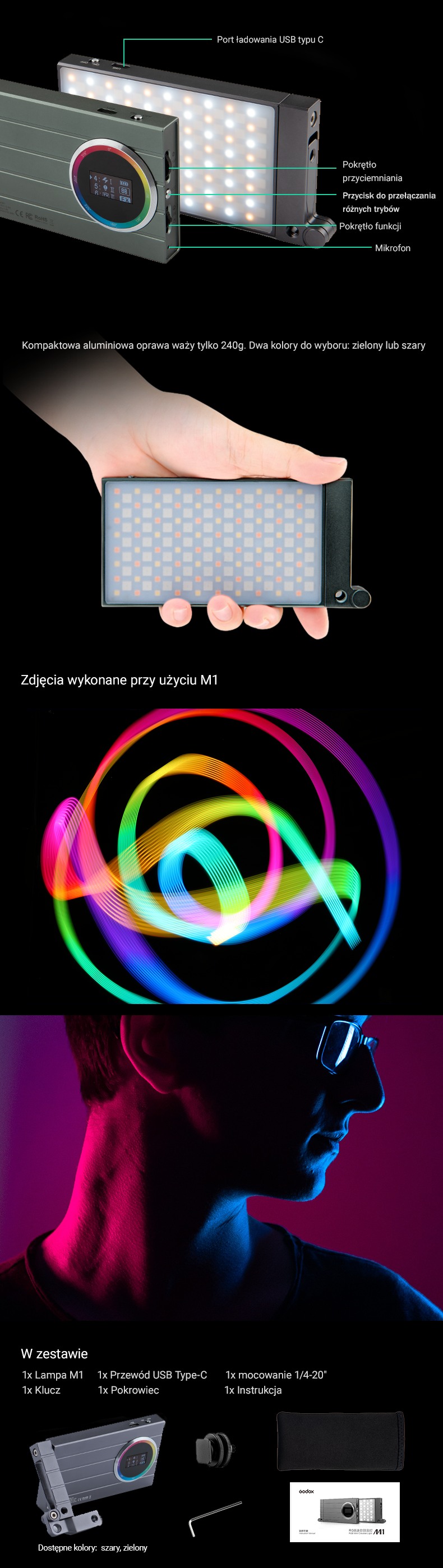 Godox M1 RGB. Funkcje, przyciski, gniazda. Zdjęcia wykonane przy użyciu M1, co znajduje się w zestawie.