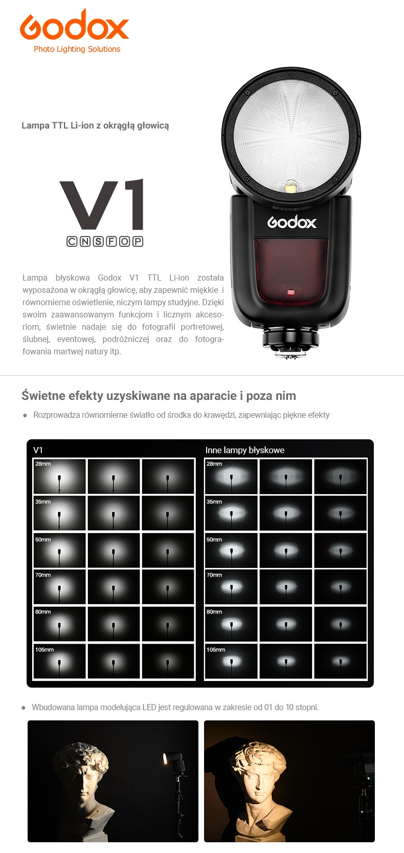 Godox V1 Lampa TTL Li-ion z okrągłą głowicą. Kompatybilna z Canon, Nikon, Sony, Fuji, Pentax, Olympus.