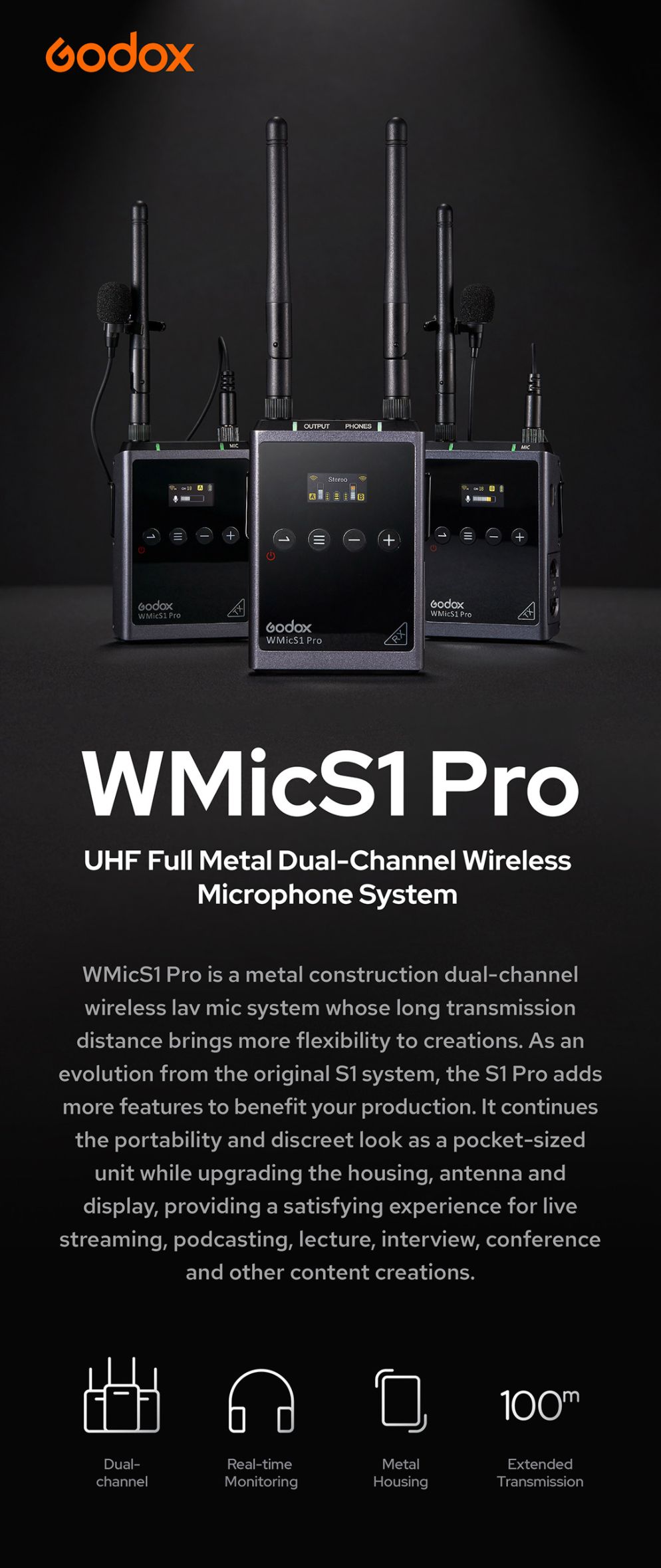 WMicS1 Pro UHF full metal dual-channel wireless microphone system