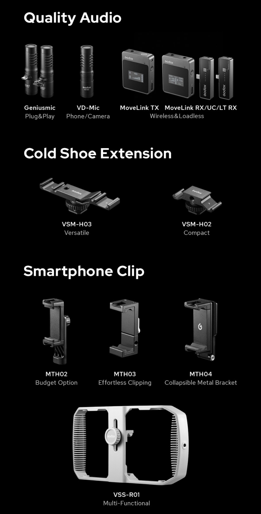 Quality Audio, Cold shoe extension, smartphone clip